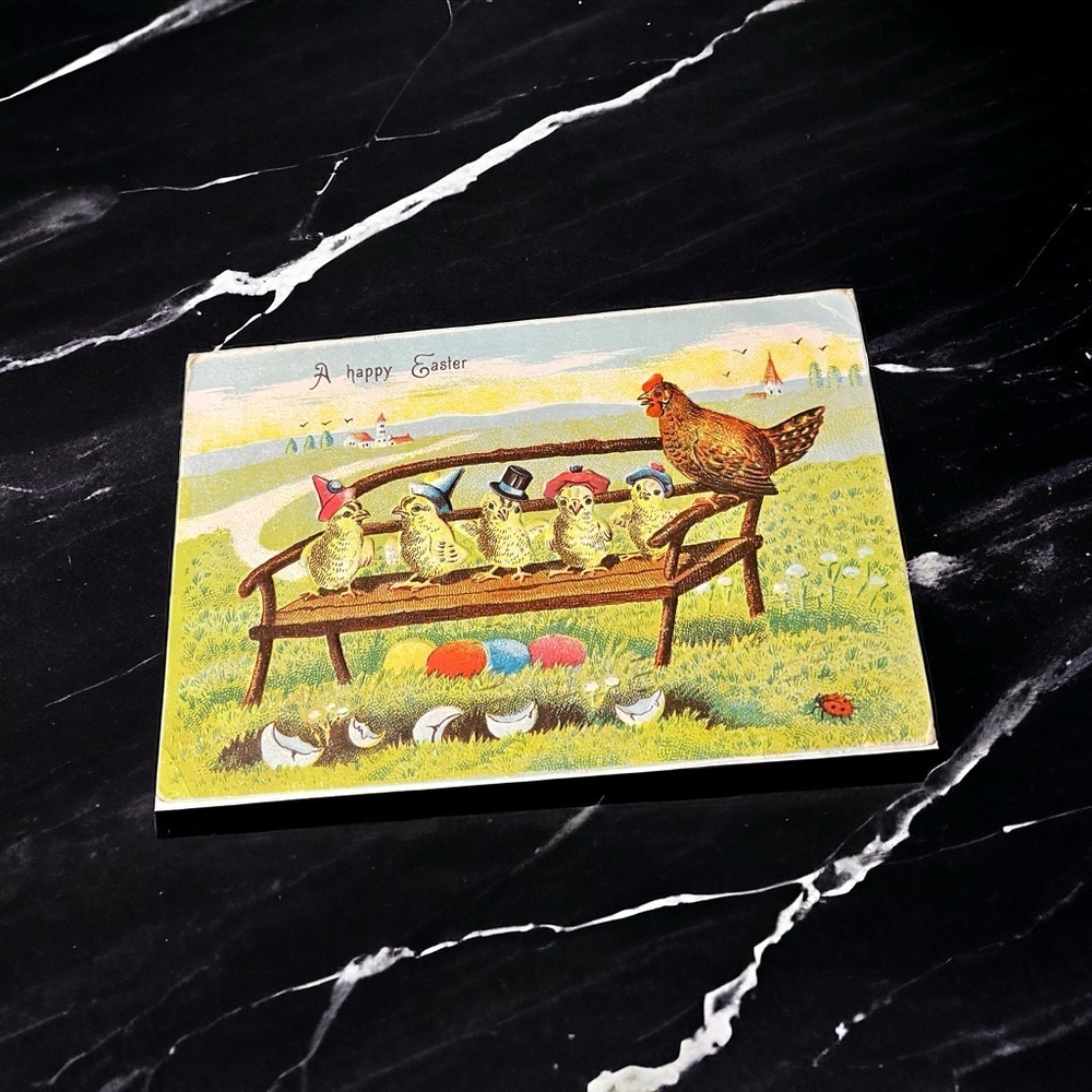 Vtg 1917 Postcard Anthropomorphic Chicks Rooster on Bench Colored Eggs Bucolic